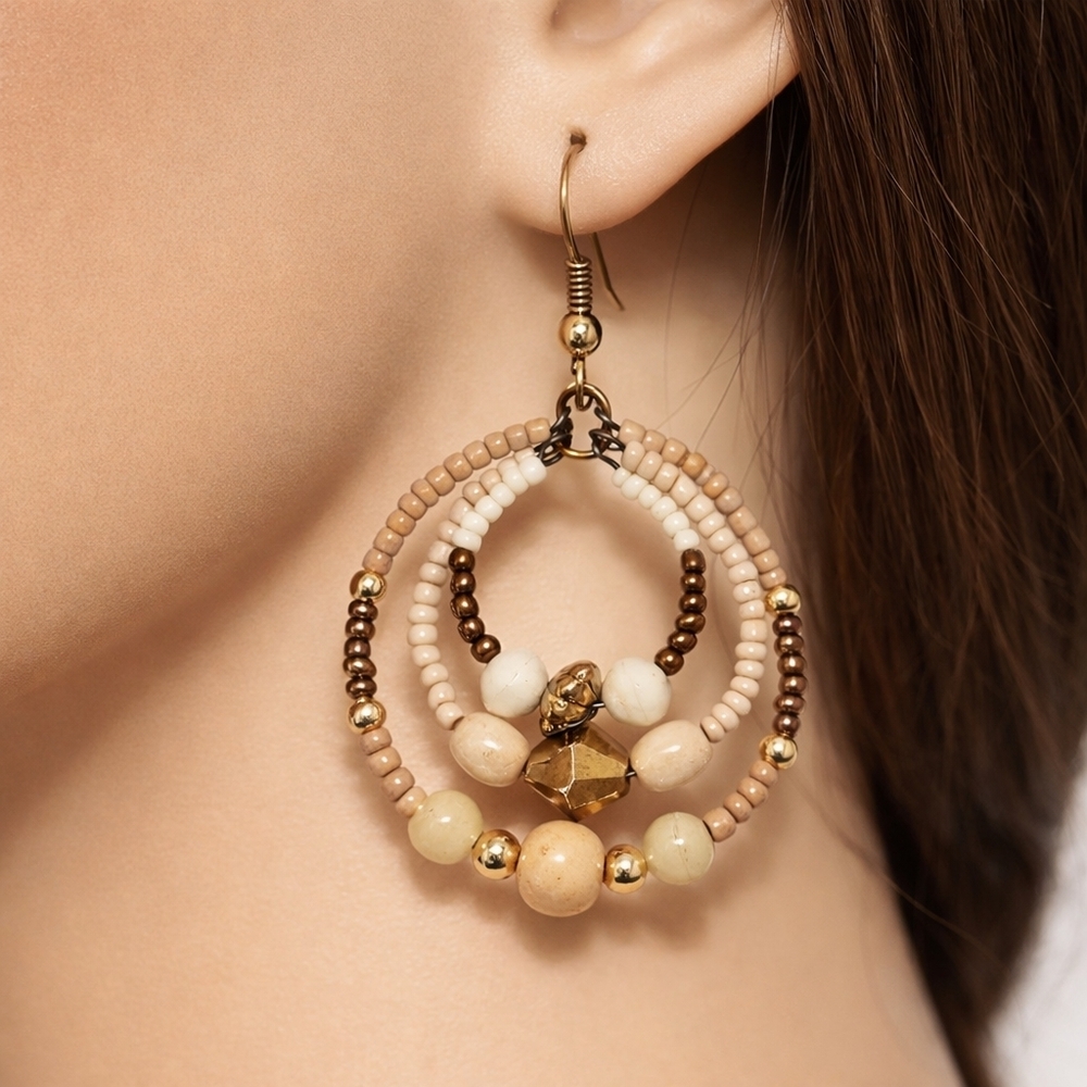 2/$30 Gold tone Hoop Colorful Beaded Drop Dangle Earrings, Women's Fashion 2.25"